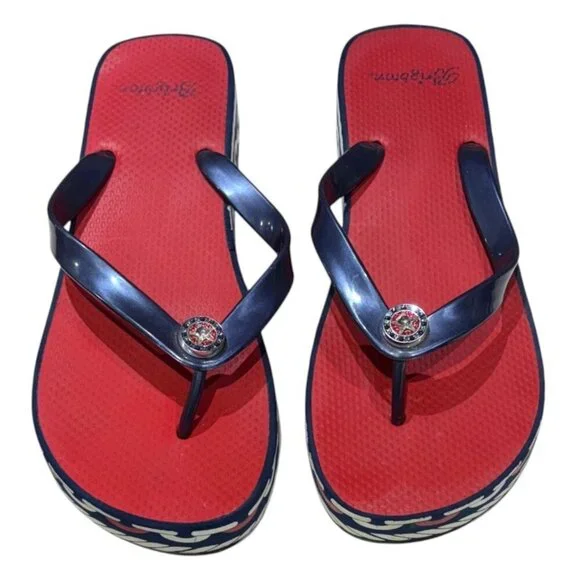 Brighton Wedge Medallion Red White Blue Flip Flop Thong Sandal Size 10 - Picture 2 of 10